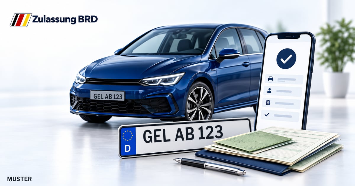 Online Fahrzeugzulassung in Kalkar: Musterkennzeichen GEL AB 123, Auto und Fahrzeugpapiere und Smartphone. Illustration mit Logo von Zulassung BRD.